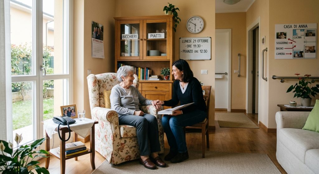 Alcune modifiche nella casa di una persona con Alzheimer per migliorare la qualità di vita e favorire l'orientamento spazio-temporale.